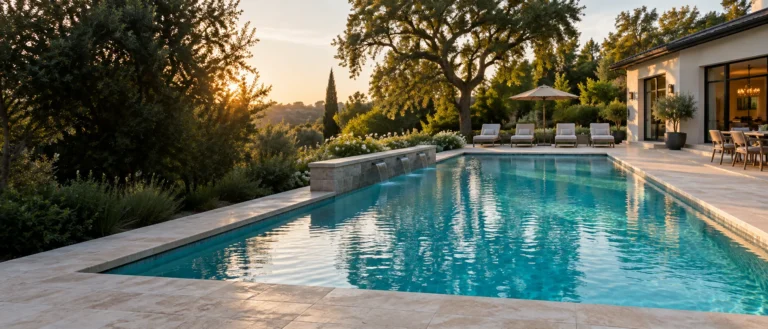 Luxury backyard pool at sunset maintained by The Goods Pool Service in Roseville CA