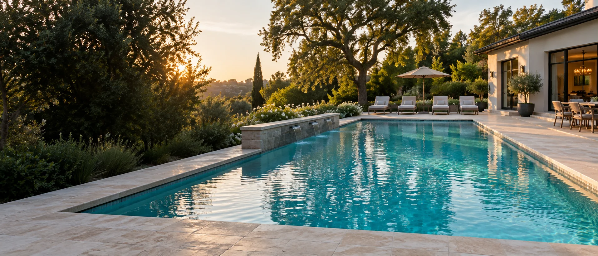 Luxury backyard pool at sunset maintained by The Goods Pool Service in Roseville CA