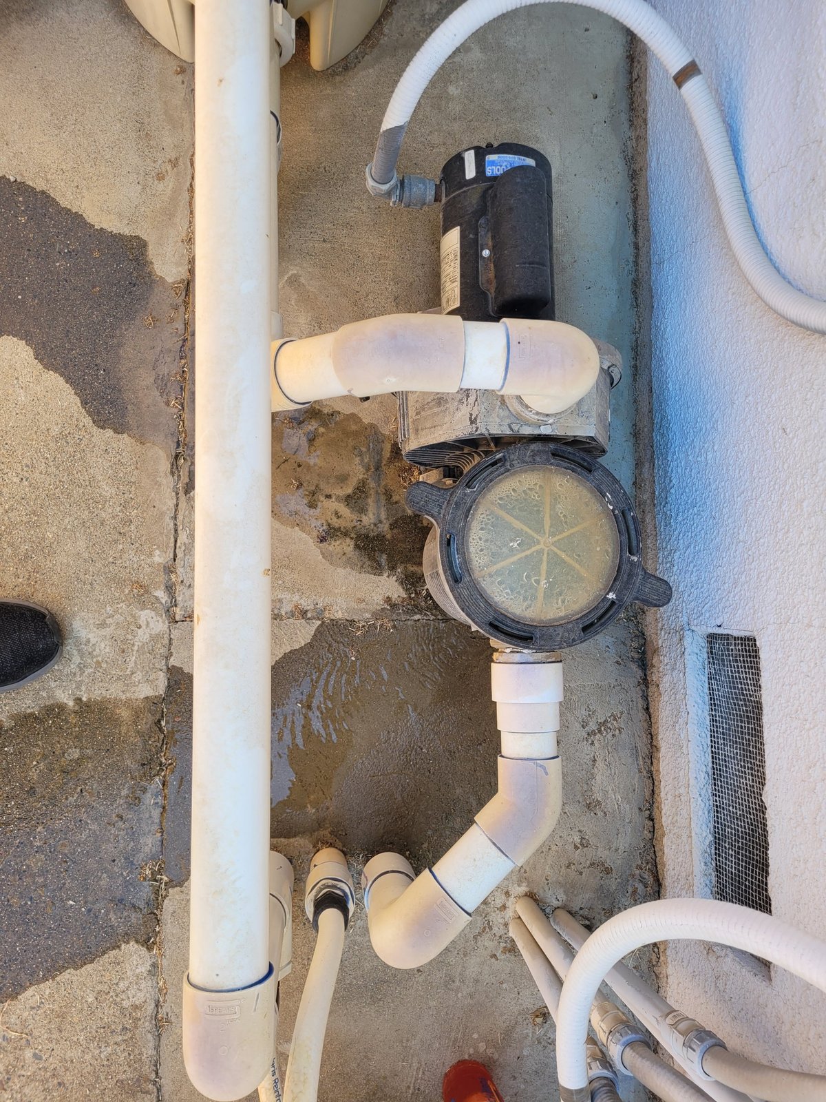 Old leaking pool pump in Plumas Lake, CA
