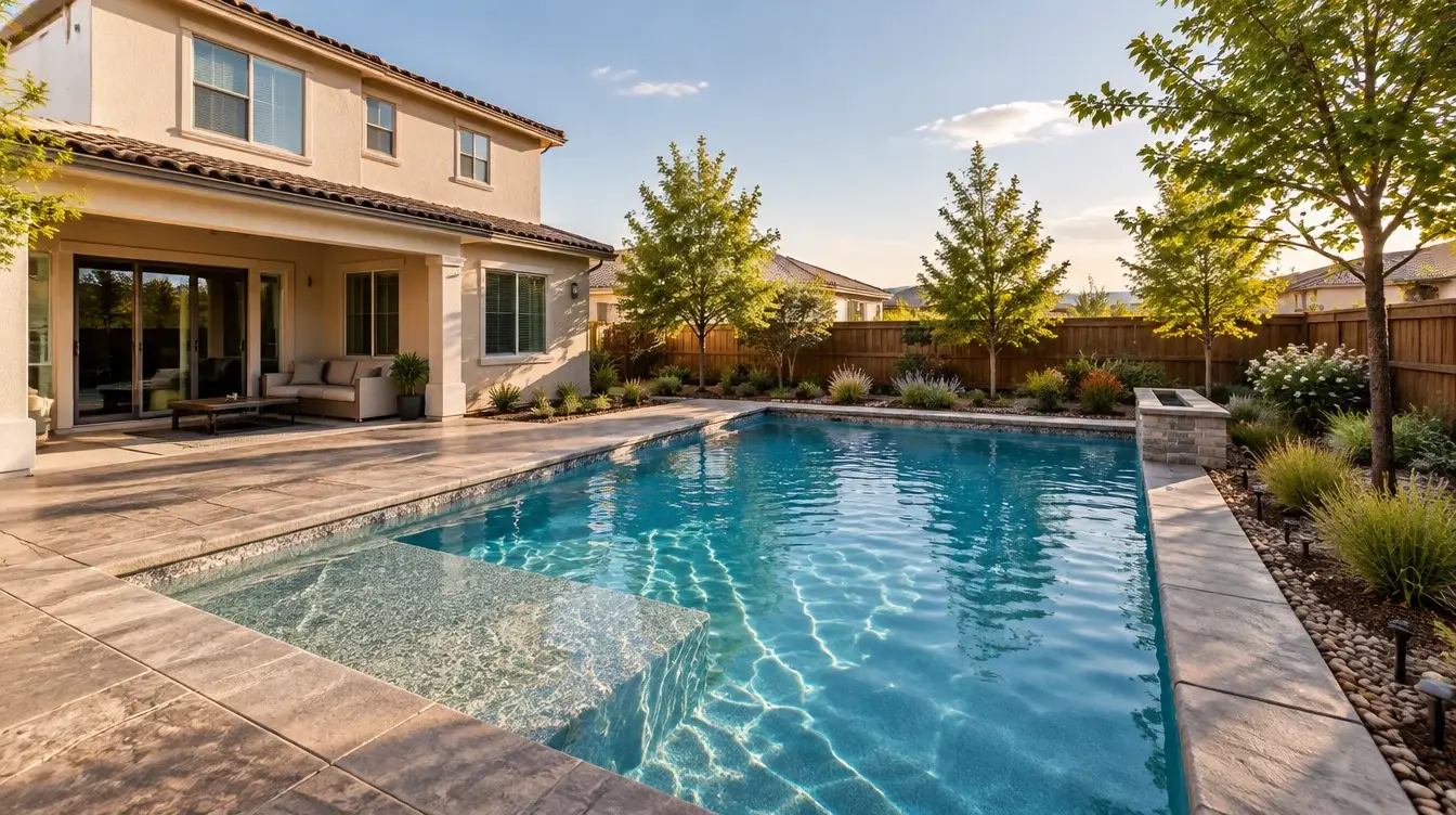 Backyard swimming pool with clear blue water and a tanning ledge, pool service in Roseville, CA